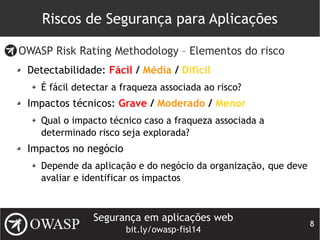 Segurança em aplicações web
bit.ly/owasp-fisl14
8
Riscos de Segurança para Aplicações
OWASP Risk Rating Methodology – Elementos do risco
Detectabilidade: Fácil / Média / Difícil
É fácil detectar a fraqueza associada ao risco?
Impactos técnicos: Grave / Moderado / Menor
Qual o impacto técnico caso a fraqueza associada a
determinado risco seja explorada?
Impactos no negócio
Depende da aplicação e do negócio da organização, que deve
avaliar e identificar os impactos
 
