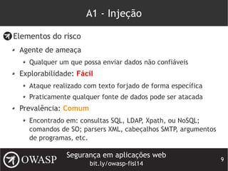 Segurança em aplicações web
bit.ly/owasp-fisl14
9
A1 - Injeção
Elementos do risco
Agente de ameaça
Qualquer um que possa enviar dados não confiáveis
Explorabilidade: Fácil
Ataque realizado com texto forjado de forma específica
Praticamente qualquer fonte de dados pode ser atacada
Prevalência: Comum
Encontrado em: consultas SQL, LDAP, Xpath, ou NoSQL;
comandos de SO; parsers XML, cabeçalhos SMTP, argumentos
de programas, etc.
 