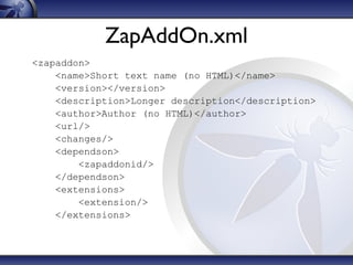 ZapAddOn.xml
<zapaddon>
<name>Short text name (no HTML)</name>
<version></version>
<description>Longer description</description>
<author>Author (no HTML)</author>
<url/>
<changes/>
<dependson>
<zapaddonid/>
</dependson>
<extensions>
<extension/>
</extensions>

 