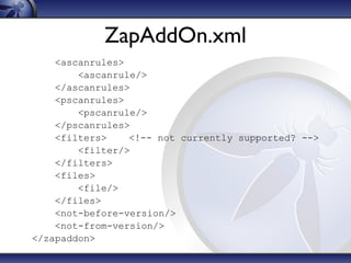 ZapAddOn.xml
<ascanrules>
<ascanrule/>
</ascanrules>
<pscanrules>
<pscanrule/>
</pscanrules>
<filters>
<!-- not currently supported? -->
<filter/>
</filters>
<files>
<file/>
</files>
<not-before-version/>
<not-from-version/>
</zapaddon>

 