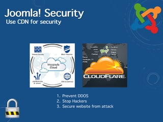 Joomla! Security
Use CDN for security
1. Prevent DDOS
2. Stop Hackers
3. Secure website from attack
 