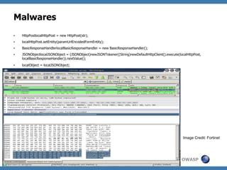 Malwares
• 

HttpPostlocalHttpPost = new HttpPost(str);

• 

localHttpPost.setEntity(paramUrlEncodedFormEntity);

• 

BasicResponseHandlerlocalBasicResponseHandler = new BasicResponseHandler();

• 

JSONObjectlocalJSONObject = (JSONObject)newJSONTokener((String)newDefaultHttpClient().execute(localHttpPost,
localBasicResponseHandler)).nextValue();

• 

localObject = localJSONObject;

Image Credit: Fortinet

OWASP

 