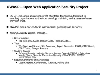 OWASP – Open Web Application Security Project <ul><li>US 501(c)3, open source non-profit charitable foundation dedicated t...
