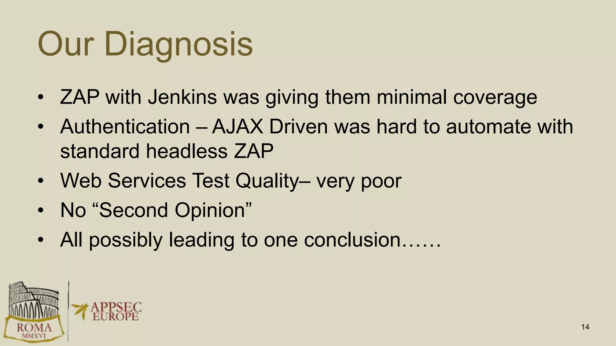 Our Diagnosis
• ZAP with Jenkins was giving them minimal coverage
• Authentication – AJAX Driven was hard to automate with
standard headless ZAP
• Web Services Test Quality– very poor
• No “Second Opinion”
• All possibly leading to one conclusion……
14
 