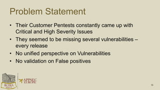 Problem Statement
• Their Customer Pentests constantly came up with
Critical and High Severity Issues
• They seemed to be ...