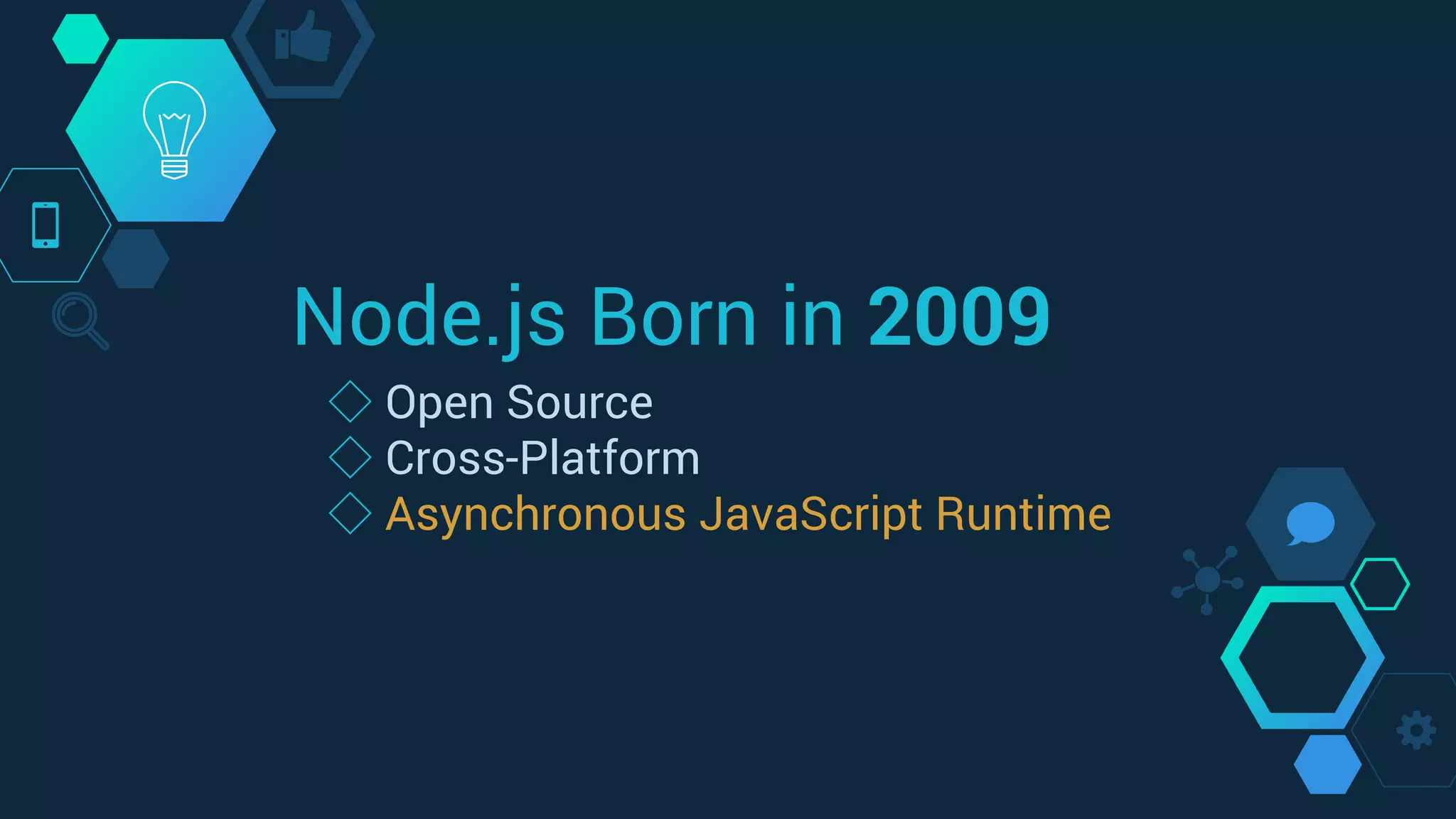 Node.js Born in 2009
◇ Open Source
◇ Cross-Platform
◇ Asynchronous JavaScript Runtime
 