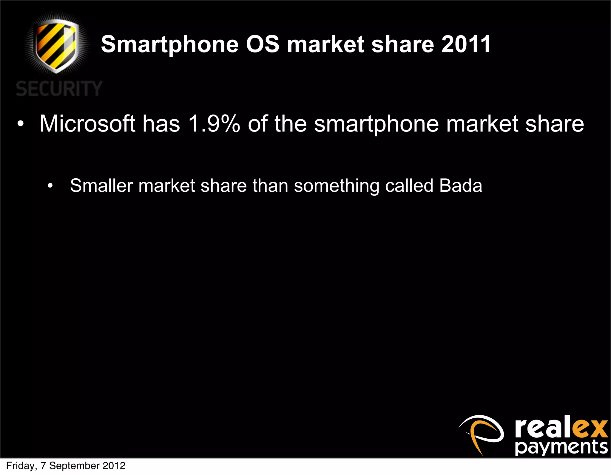 Smartphone OS market share 2011


  • Microsoft has 1.9% of the smartphone market share

        • Smaller market share than something called Bada




Friday, 7 September 2012
 