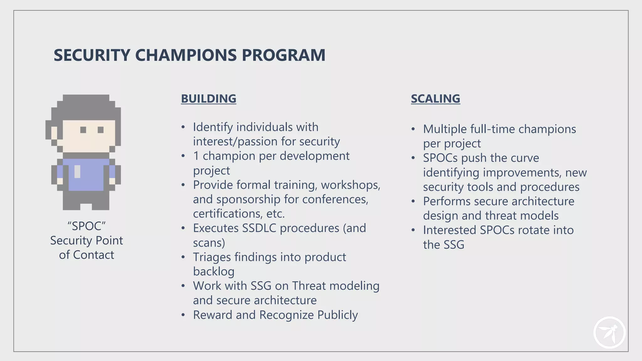 BUILDING
• Identify individuals with
interest/passion for security
• 1 champion per development
project
• Provide formal training, workshops,
and sponsorship for conferences,
certifications, etc.
• Executes SSDLC procedures (and
scans)
• Triages findings into product
backlog
• Work with SSG on Threat modeling
and secure architecture
• Reward and Recognize Publicly
SECURITY CHAMPIONS PROGRAM
SCALING
• Multiple full-time champions
per project
• SPOCs push the curve
identifying improvements, new
security tools and procedures
• Performs secure architecture
design and threat models
• Interested SPOCs rotate into
the SSG
“SPOC”
Security Point
of Contact
 