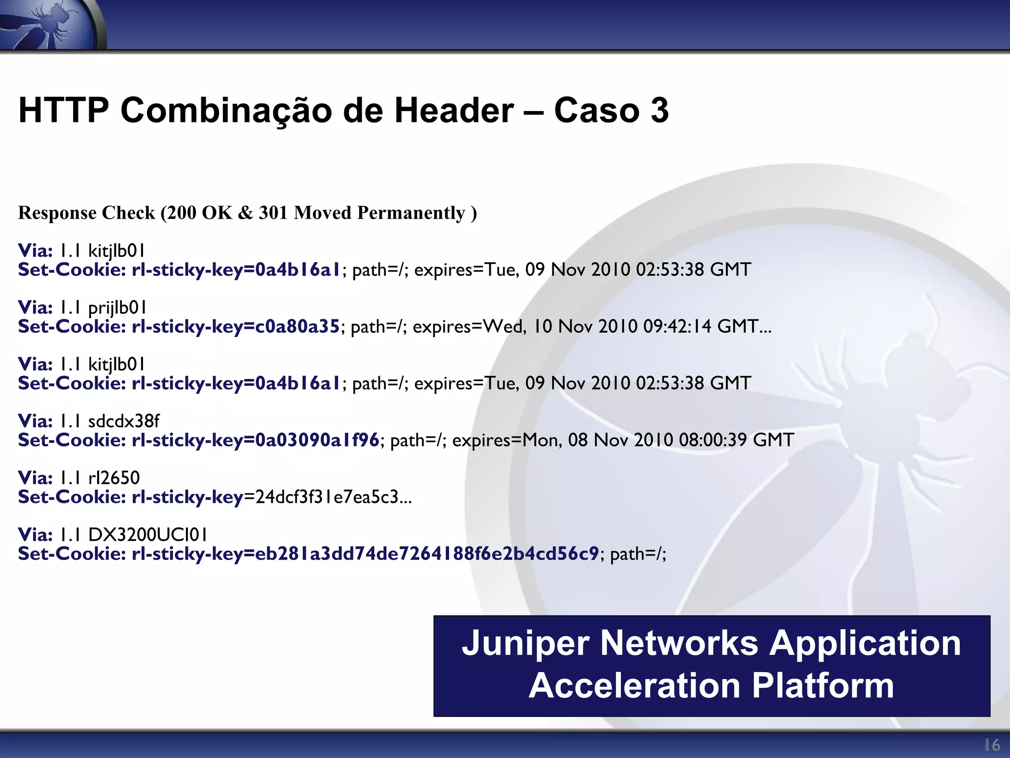 HTTP Combinação de Header – Caso 3

Response Check (200 OK & 301 Moved Permanently )
Via: 1.1 kitjlb01
Set-Cookie: rl-sticky-key=0a4b16a1; path=/; expires=Tue, 09 Nov 2010 02:53:38 GMT
Via: 1.1 prijlb01
Set-Cookie: rl-sticky-key=c0a80a35; path=/; expires=Wed, 10 Nov 2010 09:42:14 GMT...
Via: 1.1 kitjlb01
Set-Cookie: rl-sticky-key=0a4b16a1; path=/; expires=Tue, 09 Nov 2010 02:53:38 GMT
Via: 1.1 sdcdx38f
Set-Cookie: rl-sticky-key=0a03090a1f96; path=/; expires=Mon, 08 Nov 2010 08:00:39 GMT
Via: 1.1 rl2650
Set-Cookie: rl-sticky-key=24dcf3f31e7ea5c3...
Via: 1.1 DX3200UCI01
Set-Cookie: rl-sticky-key=eb281a3dd74de7264188f6e2b4cd56c9; path=/;



                                                 Juniper Networks Application
                                                    Acceleration Platform
                                                                                        16
 