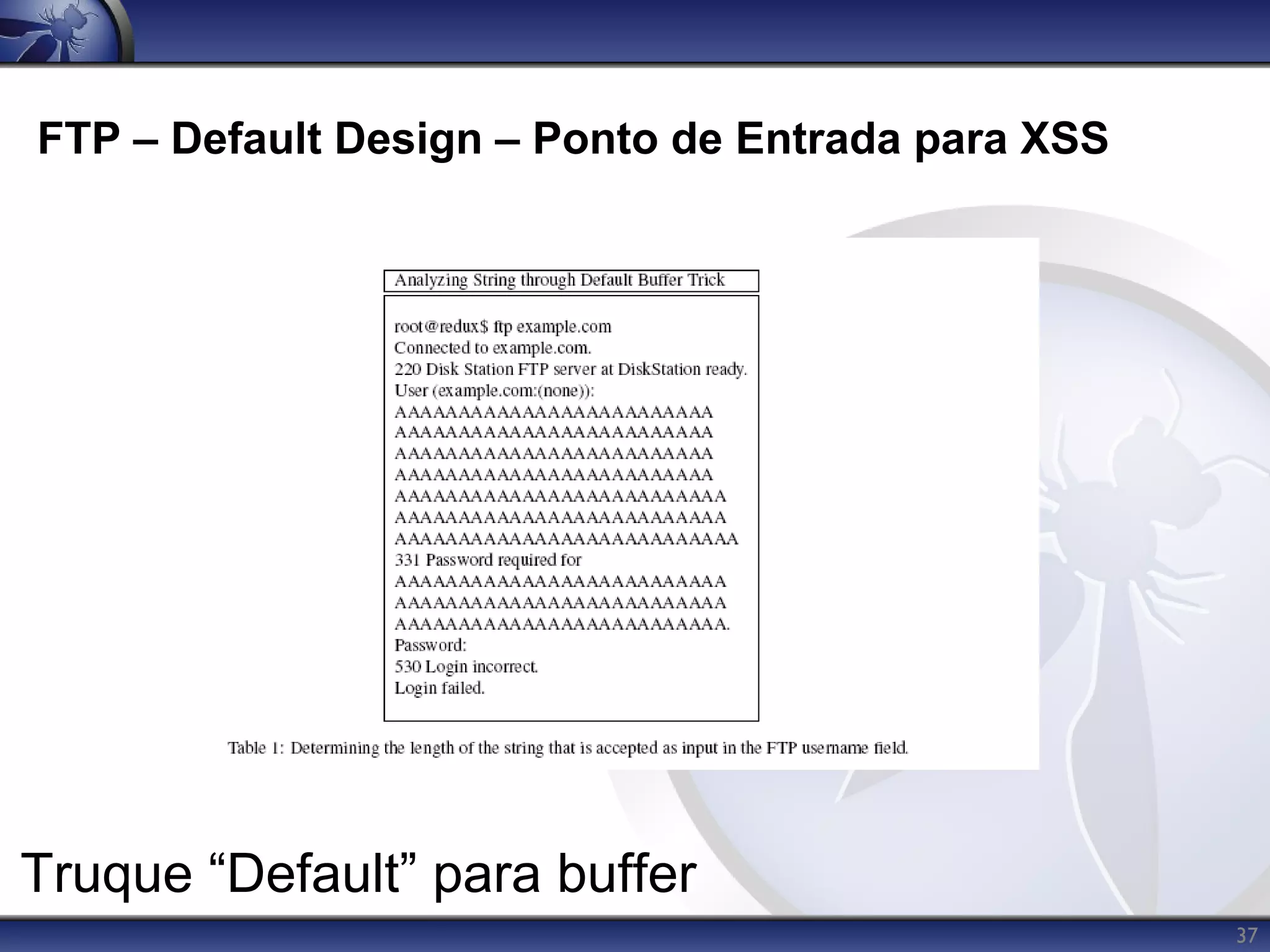 FTP – Default Design – Ponto de Entrada para XSS




Truque “Default” para buffer
                                                   37
 