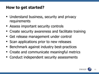 How to get started? Understand business, security and privacy requirements Assess important security controls Create security awareness and facilitate training Get release management under control Scan applications prior to new releases Benchmark against industry best-practices Create and communicate meaningful metrics Conduct independent security assessments 