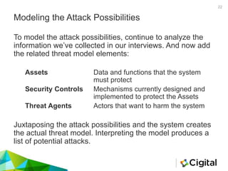Modeling the Attack Possibilities
To model the attack possibilities, continue to analyze the
information we’ve collected in our interviews. And now add
the related threat model elements:
Assets Data and functions that the system
must protect
Security Controls Mechanisms currently designed and
implemented to protect the Assets
Threat Agents Actors that want to harm the system
Juxtaposing the attack possibilities and the system creates
the actual threat model. Interpreting the model produces a
list of potential attacks.
22
 