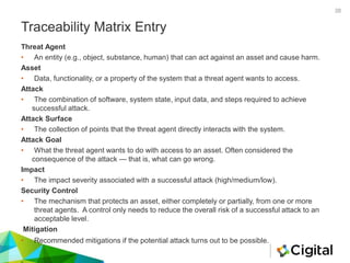 Traceability Matrix Entry
Threat Agent
• An entity (e.g., object, substance, human) that can act against an asset and cause harm.
Asset
• Data, functionality, or a property of the system that a threat agent wants to access.
Attack
• The combination of software, system state, input data, and steps required to achieve
successful attack.
Attack Surface
• The collection of points that the threat agent directly interacts with the system.
Attack Goal
• What the threat agent wants to do with access to an asset. Often considered the
consequence of the attack — that is, what can go wrong.
Impact
• The impact severity associated with a successful attack (high/medium/low).
Security Control
• The mechanism that protects an asset, either completely or partially, from one or more
threat agents. A control only needs to reduce the overall risk of a successful attack to an
acceptable level.
Mitigation
• Recommended mitigations if the potential attack turns out to be possible.
38
 