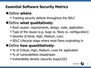 Essential Software Security Metrics Define  where : Tracking security defects throughout the SDLC Define  what qualitatively: Root causes: requirements, design, code, application Type of the issues (e.g. bugs vs. flaws vs. configuration) Severity (Critical, High, Medium, Low) SDLC Lifecycle stage where most flaws originating in Define  how quantitatively: % of Critical, High, Medium, Lows for application % of vulnerabilities closed/open Vulnerability density (security bugs/LOC) 