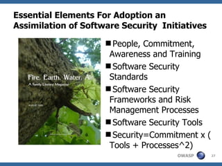 Essential Elements For Adoption an Assimilation of Software Security  Initiatives People, Commitment, Awareness and Training Software Security Standards Software Security Frameworks and Risk Management Processes Software Security Tools Security=Commitment x ( Tools + Processes^2) 