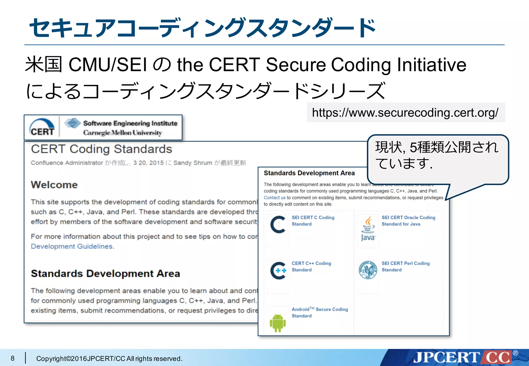 Copyright©2016JPCERT/CC All rights reserved.
セキュアコーディングスタンダード
8
⽶国 CMU/SEI の the CERT Secure Coding Initiative
によるコーディングスタンダードシリーズ
https://www.securecoding.cert.org/
現状, 5種類公開され
ています.
 