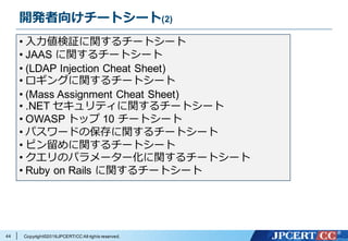 Copyright©2016JPCERT/CC All rights reserved.
開発者向けチートシート(2)
44
• ⼊⼒値検証に関するチートシート
• JAAS に関するチートシート
• (LDAP Injection Cheat Sheet)
• ロギングに関するチートシート
• (Mass Assignment Cheat Sheet)
• .NET セキュリティに関するチートシート
• OWASP トップ 10 チートシート
• パスワードの保存に関するチートシート
• ピン留めに関するチートシート
• クエリのパラメーター化に関するチートシート
• Ruby on Rails に関するチートシート
 