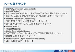 Copyright©2016JPCERT/CC All rights reserved.
ベータ版ドラフト
49
• (3rd Party Javascript Management)
• (Android Testing)
• アプリケーションのセキュリティアーキテクチャに関するチートシート
• ビジネスロジックのセキュリティに関するチートシート
• (Injection Prevention Cheat Sheet)
• PHP セキュリティに関するチートシート
• セキュアコーディングに関するチートシート
• (Secure SDLC)
• (Threat Modeling)
• (Grails Secure Code Review)
• iOS アプリケーションのセキュリティテストに関するチートシート
• 鍵管理に関するチートシート
• (Insecure Direct Object Reference Prevention)
• CSP に関するチートシート
 