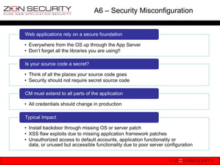 A6 – Security Misconfiguration


Web applications rely on a secure foundation

• Everywhere from the OS up through the App Server
• Don‟t forget all the libraries you are using!!

Is your source code a secret?

• Think of all the places your source code goes
• Security should not require secret source code

CM must extend to all parts of the application

• All credentials should change in production

Typical Impact

• Install backdoor through missing OS or server patch
• XSS flaw exploits due to missing application framework patches
• Unauthorized access to default accounts, application functionality or
  data, or unused but accessible functionality due to poor server configuration
 