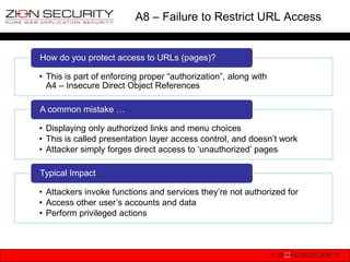 A8 – Failure to Restrict URL Access


How do you protect access to URLs (pages)?

• This is part of enforcing proper “authorization”, along with
  A4 – Insecure Direct Object References

A common mistake …

• Displaying only authorized links and menu choices
• This is called presentation layer access control, and doesn‟t work
• Attacker simply forges direct access to „unauthorized‟ pages

Typical Impact

• Attackers invoke functions and services they‟re not authorized for
• Access other user‟s accounts and data
• Perform privileged actions
 
