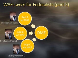 WAFs were for Federalists (part 2),[object Object],Development Team A,[object Object],Development Team B,[object Object],Development Team C,[object Object]
