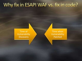 Why fix in ESAPI WAF vs. fix in code?,[object Object]