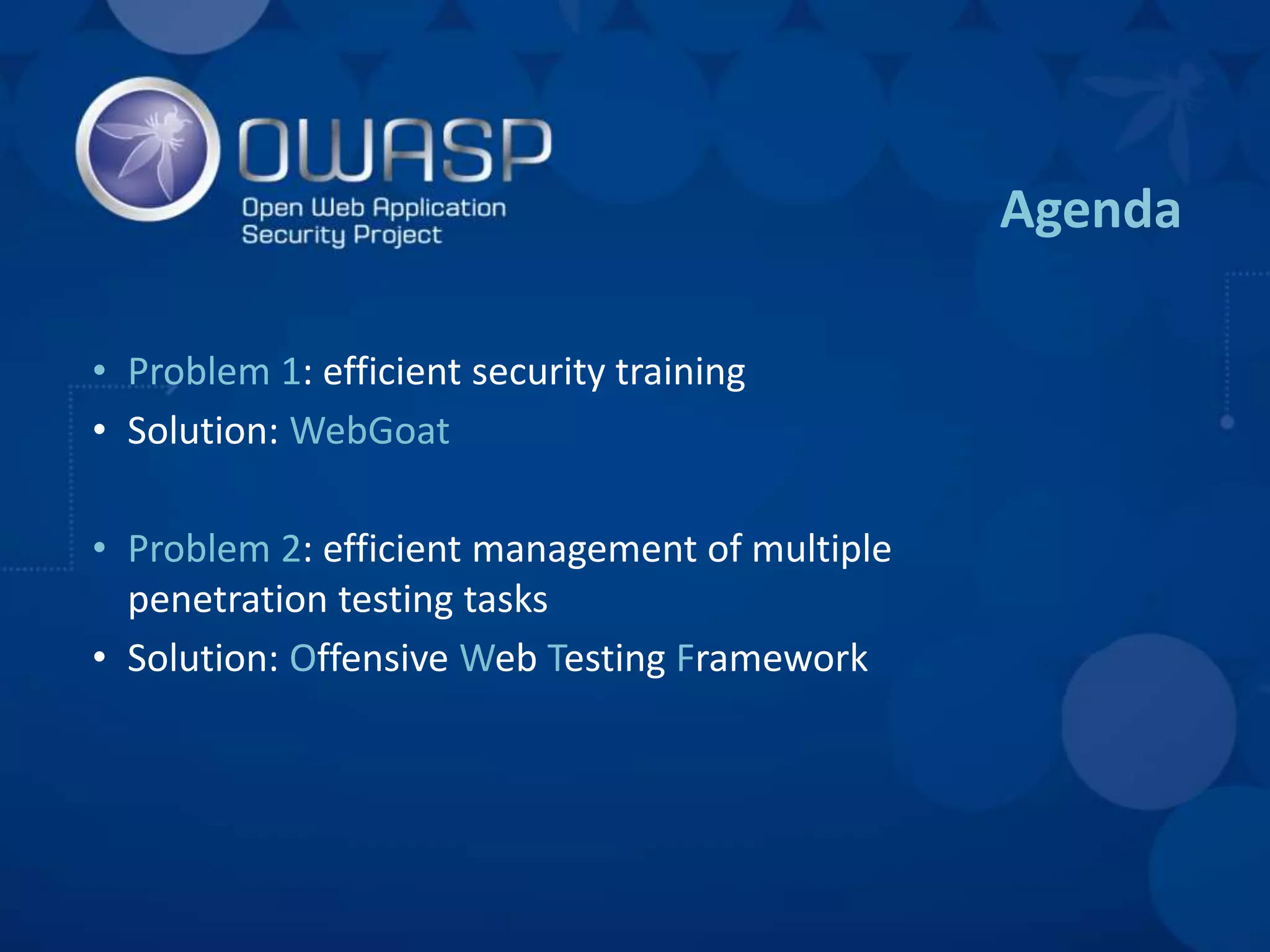 Agenda
• Problem 1: efficient security training
• Solution: WebGoat
• Problem 2: efficient management of multiple
penetration testing tasks
• Solution: Offensive Web Testing Framework
 