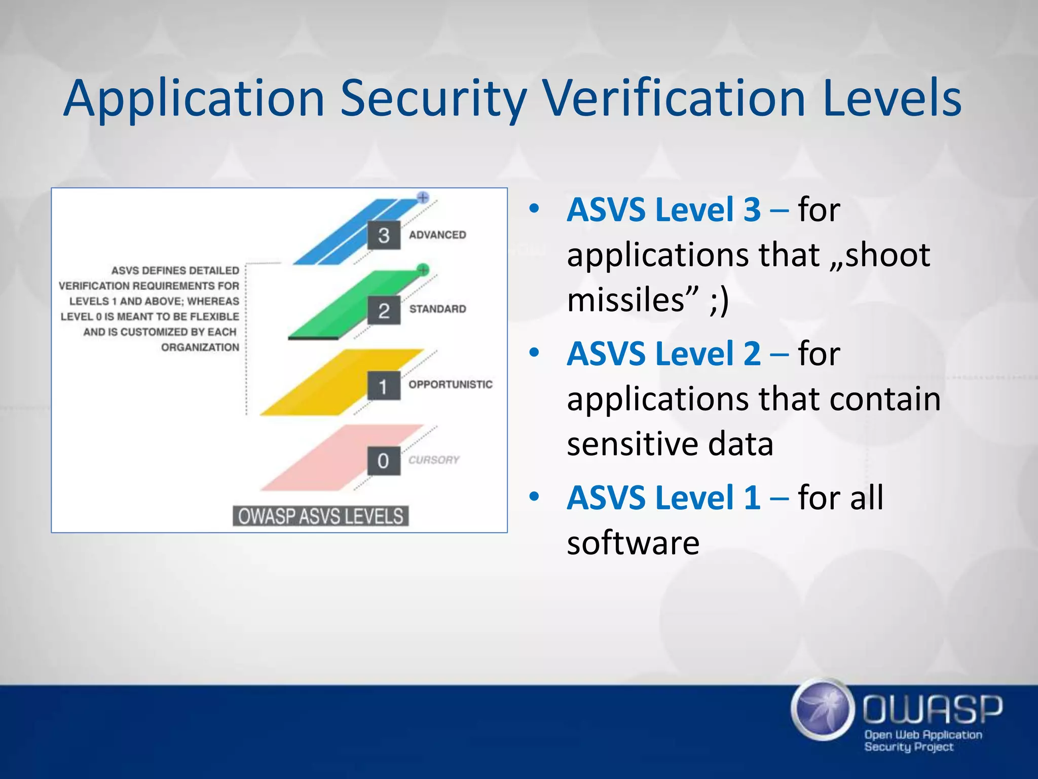 Application Security Verification Levels
• ASVS Level 3 – for
applications that „shoot
missiles” ;)
• ASVS Level 2 – for
applications that contain
sensitive data
• ASVS Level 1 – for all
software
 