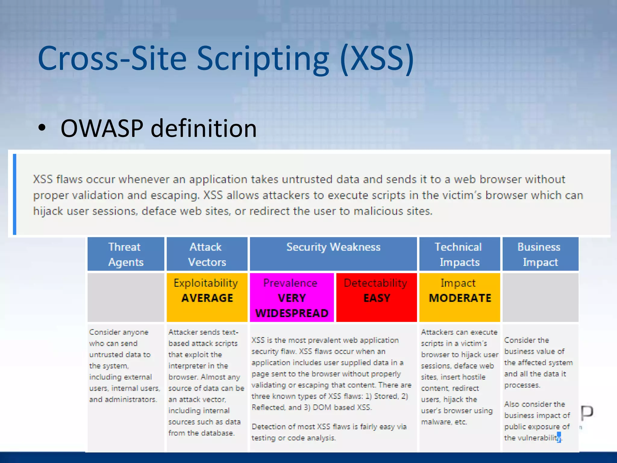 Cross-Site Scripting (XSS)
• OWASP definition
 