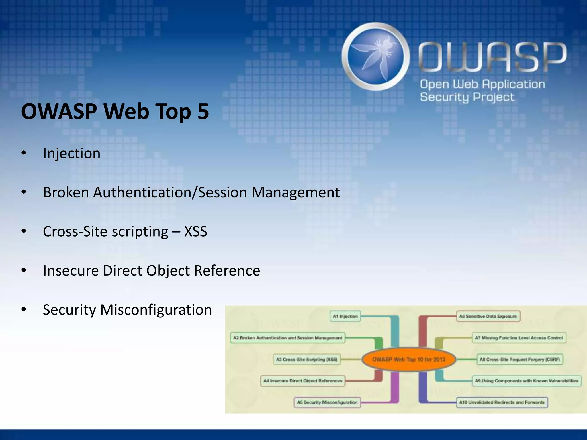 OWASP Web Top 5
• Injection
• Broken Authentication/Session Management
• Cross-Site scripting – XSS
• Insecure Direct Object Reference
• Security Misconfiguration
 