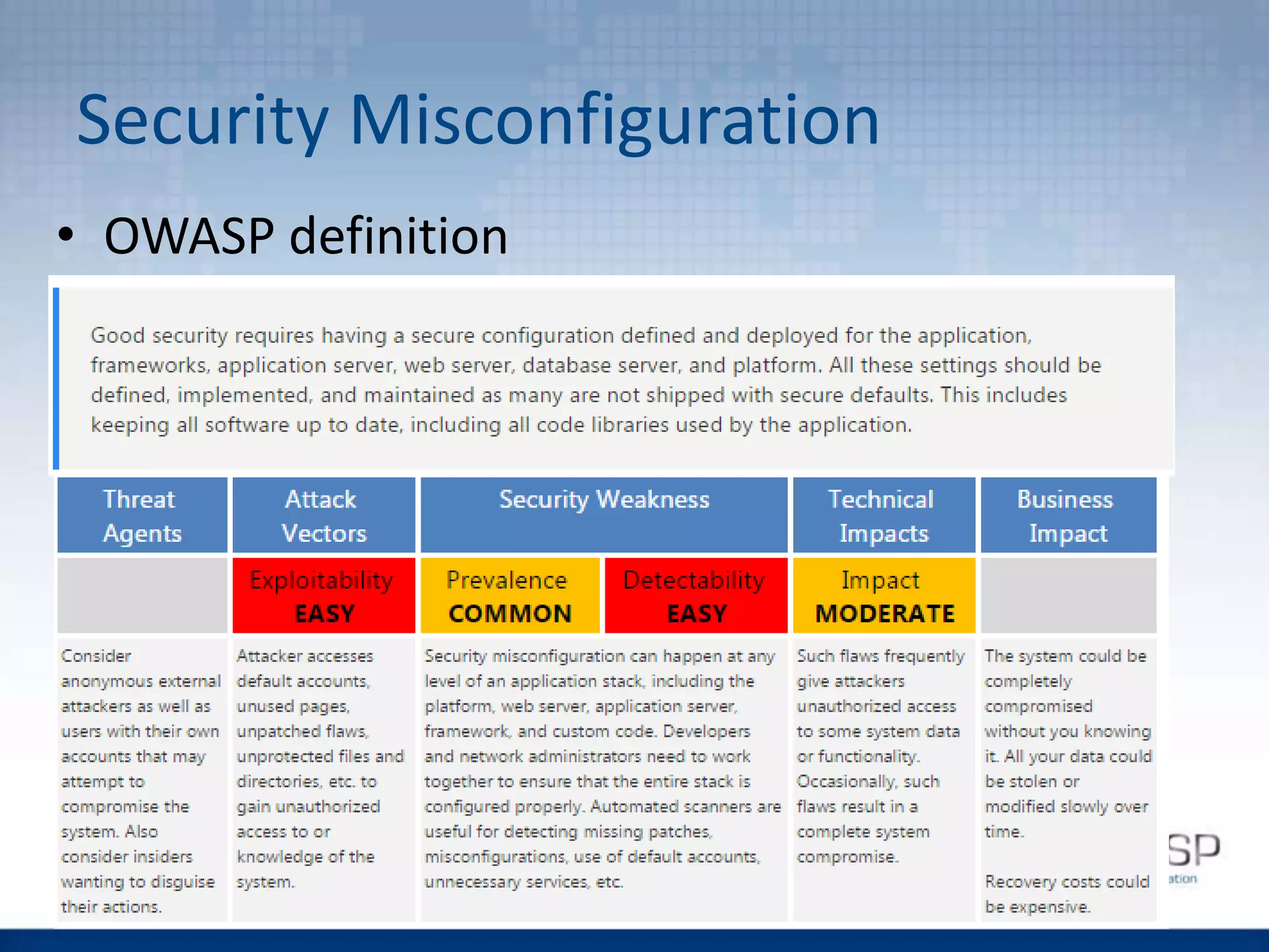 Security Misconfiguration
• OWASP definition
 