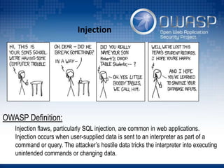 Injection
OWASP Definition:
Injection flaws, particularly SQL injection, are common in web applications.
Injection occurs when user-supplied data is sent to an interpreter as part of a
command or query. The attacker’s hostile data tricks the interpreter into executing
unintended commands or changing data.
 