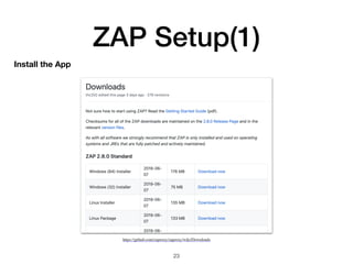 ZAP Setup(1)
23
https://github.com/zaproxy/zaproxy/wiki/Downloads
Install the App
 
