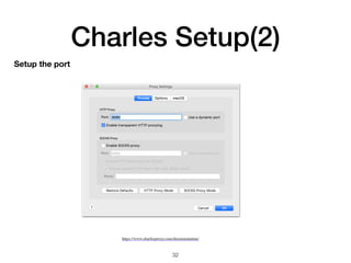 Charles Setup(2)
32
https://www.charlesproxy.com/documentation/
Setup the port
 
