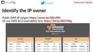 Identify the IP owner
www.securing.biz
Public AWS IP ranges: https://amzn.to/2EbvP0J
Or use AWS EC2 reachability test: htt...
