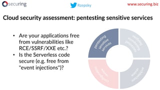 • Do you monitor sensitive
actions?
• Do you have defined
incident response
procedure?
Cloud security assessment: verifyin...