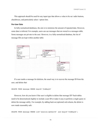 OWASP Guide 2.0




   This approach should be used for any input type that allows a value to be set: radio buttons,
checkboxes, and particularly select / option lists.

Per-User Data

   In fully normalized databases, the aim is to minimize the amount of repeated data. However,
some data is inferred. For example, users can see messages that are stored in a messages table.
Some messages are private to the user. However, in a fully normalized database, the list of
message IDs are kept within another table:




   If a user marks a message for deletion, the usual way is to recover the message ID from the
user, and delete that:


DELETE FROM message WHERE msgid='frmMsgId'



   However, how do you know if the user is eligible to delete that message ID? Such tables
need to be denormalized slightly to include a user ID or make it easy to perform a single query to
delete the message safely. For example, by adding back an (optional) uid column, the delete is
now made reasonably safe:


DELETE FROM message WHERE uid='session.myUserID' and msgid='frmMsgId';




                                                      170
 