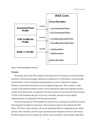 OWASP Guide 2.0




Figure 2: WSS specification hierarchy

Purpose

    The primary goal of the WSS standard is providing tools for message-level communication
protection, whereas each message represents an isolated piece of information, carrying enough
security data to verify all important message properties, such as: authenticity, integrity,
freshness, and to initiate decryption of any encrypted message parts. This concept is a stark
contrast to the traditional channel security, which methodically applies pre-negotiated security
context to the whole stream, as opposed to the selective process of securing individual messages
in WSS. In the Roadmap, that type of service is eventually expected to be provided by
implementations of standards like WS-SecureConversation.
    From the beginning, the WSS standard was conceived as a message-level toolkit for securely
delivering data for higher level protocols. Those protocols, based on the standards like WS-
Policy, WS-Trust, Liberty Alliance, rely on the transmitted tokens to implement access control
policies, token exchange, and other types of protection and integration. However, taken alone,
the WSS standard does not mandate any specific security properties, and an ad-hoc application

                                                  81
 