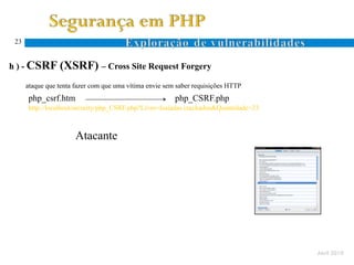 23


h ) - CSRF (XSRF) – Cross Site Request Forgery

      ataque que tenta fazer com que uma vítima envie sem saber requisições HTTP
      php_csrf.htm                                       php_CSRF.php
      http://localhost/security/php_CSRF.php?Livro=lusiadas crackados&Quantidade=23



                       Atacante




                                                                                      Abril 2010
 
