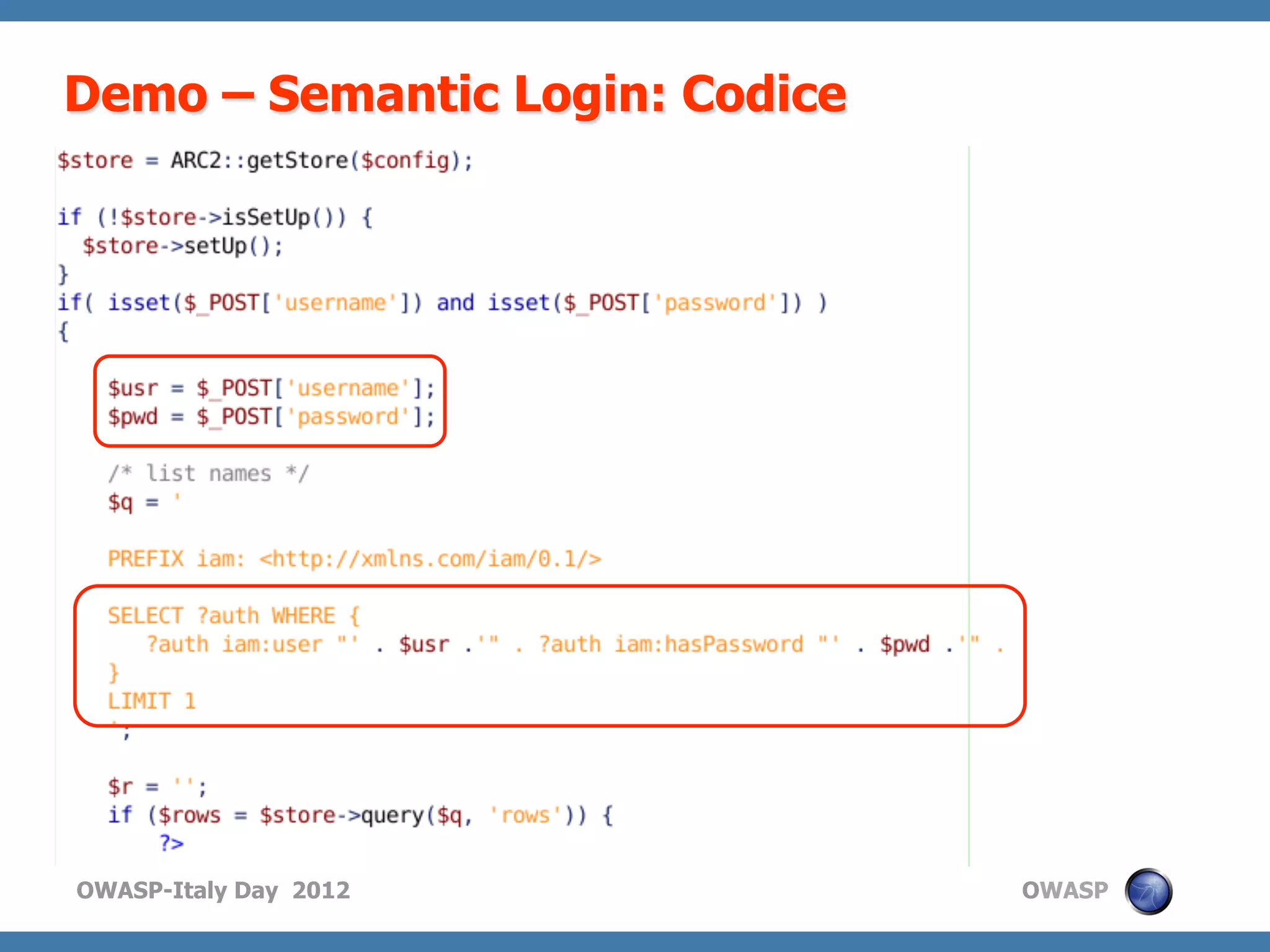 Demo – Semantic Login: Codice




OWASP-Italy Day 2012            OWASP
 