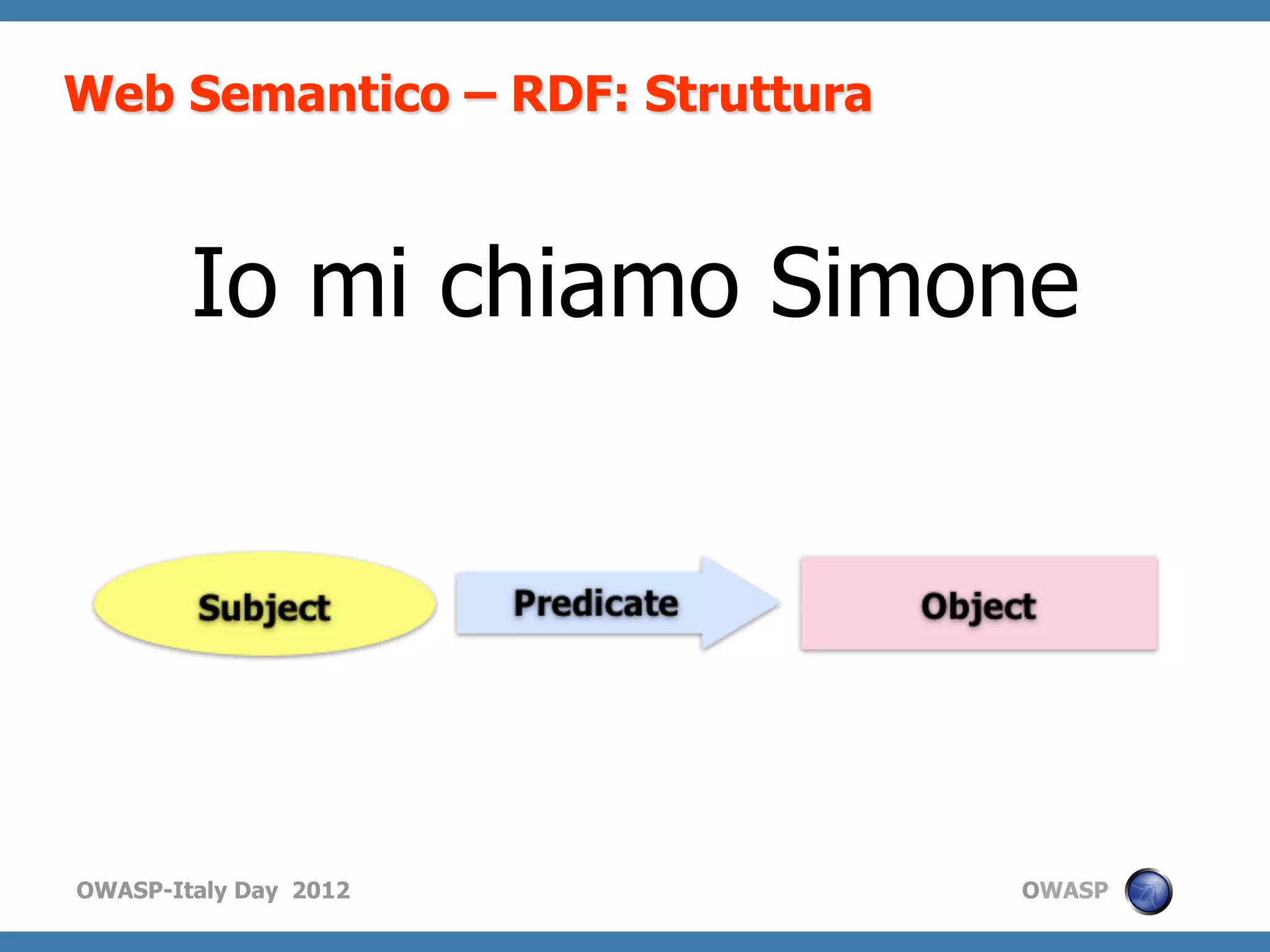 Web Semantico – RDF: Struttura



        Io mi chiamo Simone




OWASP-Italy Day 2012             OWASP
 