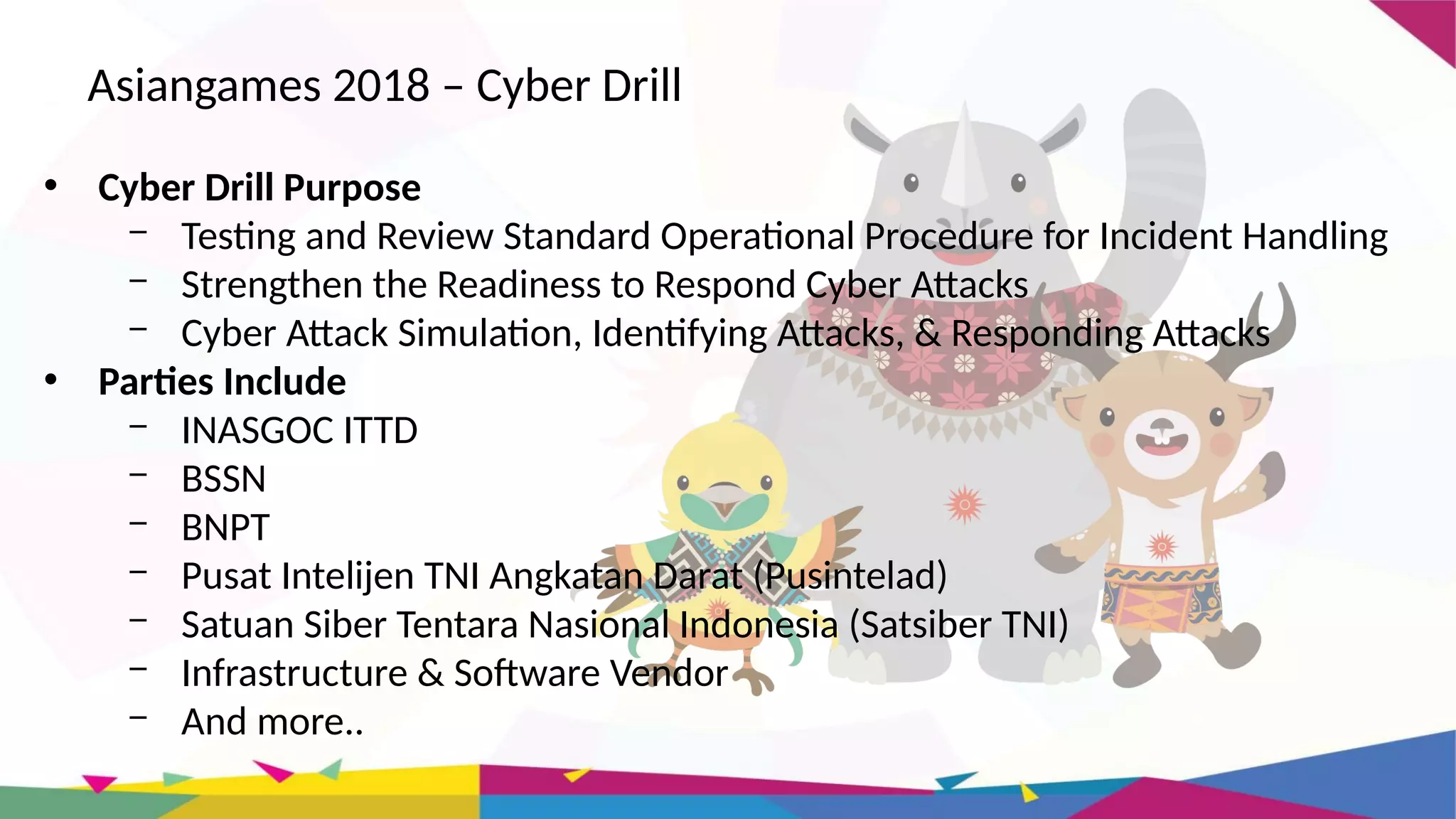 Asiangames 2018 – Cyber Drill
• Cyber Drill Purpose
– Testing and Review Standard Operational Procedure for Incident Handling
– Strengthen the Readiness to Respond Cyber Attacks
– Cyber Attack Simulation, Identifying Attacks, & Responding Attacks
• Parties Include
– INASGOC ITTD
– BSSN
– BNPT
– Pusat Intelijen TNI Angkatan Darat (Pusintelad)
– Satuan Siber Tentara Nasional Indonesia (Satsiber TNI)
– Infrastructure & Software Vendor
– And more..
 