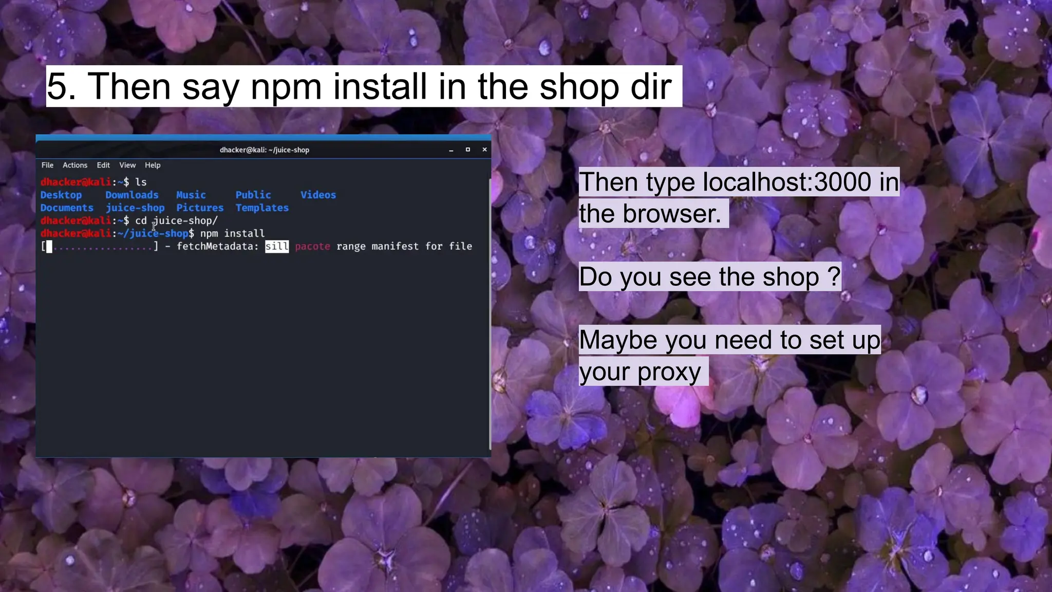 5. Then say npm install in the shop dir
Then type localhost:3000 in
the browser.
Do you see the shop ?
Maybe you need to set up
your proxy