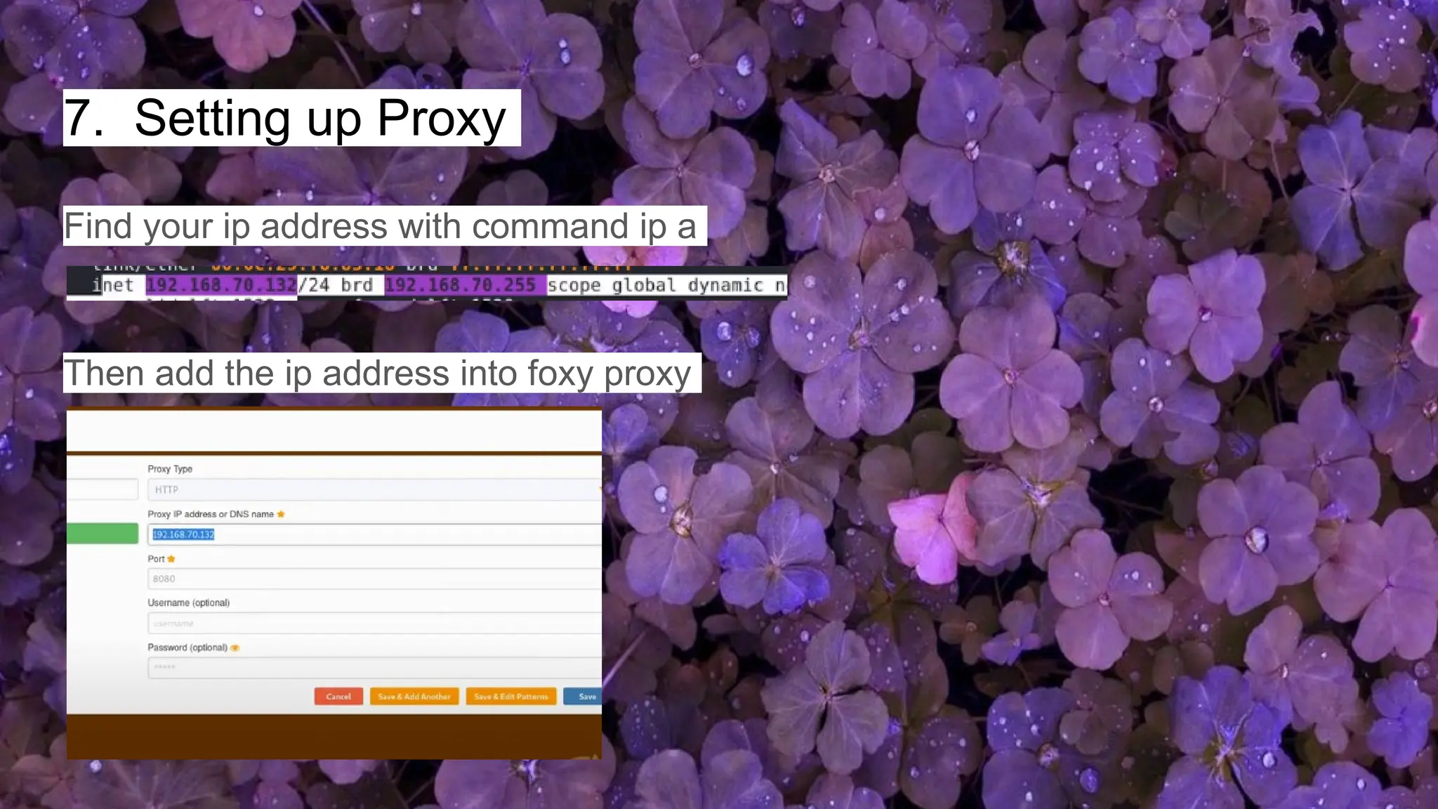 7. Setting up Proxy
Find your ip address with command ip a
Then add the ip address into foxy proxy