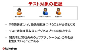 テスト対象の把握
• 時間制約により、優先順位をつけることが必要となる
• テスト対象は買収後のビジネスプランに依存する
• 開発者は買収先のウェブアプリケーションの挙動を
把握していることがある
セキュリティチーム 開発チーム事業評価チーム
 