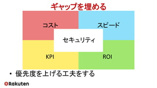 ギャップを埋める
KPI ROI
• 優先度を上げる工夫をする
コスト スピード
セキュリティ
 
