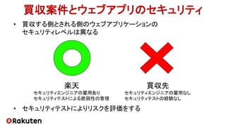 買収案件とウェブアプリのセキュリティ
• 買収する側とされる側のウェブアプリケーションの
セキュリティレベルは異なる
• セキュリティテストによりリスクを評価をする
楽天
セキュリティエンジニアの雇用あり
セキュリティテストによる脆弱性の管理
買収先
セキュリティエンジニアの雇用なし
セキュリティテストの経験なし
 
