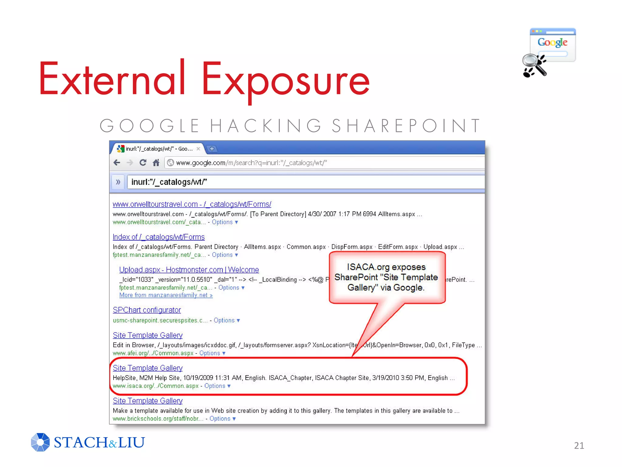 External Exposure
G O O G L E H A C K I N G S H A R E P O I N T
21
 