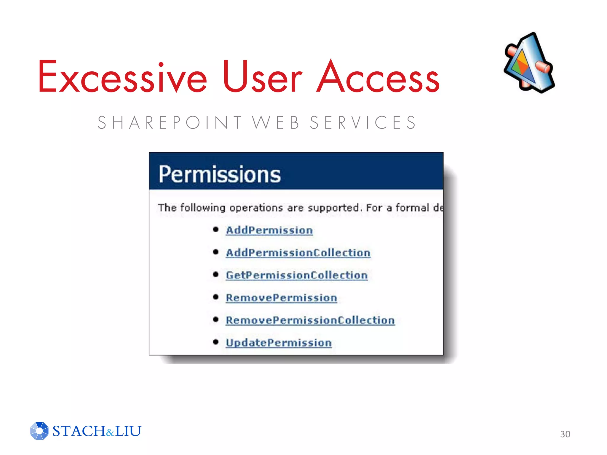 Excessive User Access
S H A R E P O I N T W E B S E R V I C E S
30
 